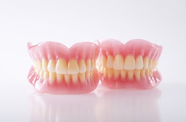 Two sets of full dentures with pink gums and artificial teeth standing upright on a reflective white surface.