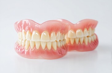 Obraz premium Two full sets of artificial dentures with pink gums and white teeth on a light background.