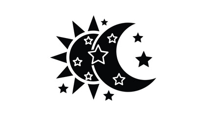 Stylized sun and crescent moon illustration with scattered stars © Nasima