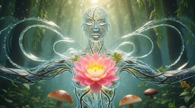 Spiritual humanoid figure made of water and vines with a glowing lotus heart meditating in an enchanted forest