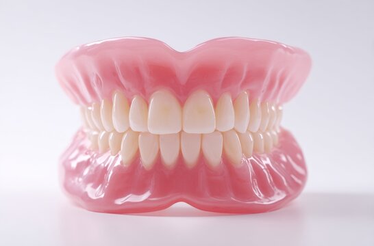 Close-up of full upper and lower pink acrylic dentures with white artificial teeth on a light background.