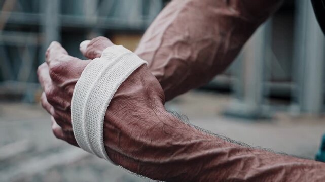 Muscular Forearm Support Focus. Hand Securing Elastic Band On Forearm. Close Inspection Of Muscular Hand At Work Site. Detailed View Of Arm With Support Wrap At Construction Environment