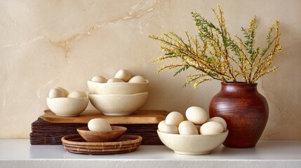 Still life of eggs in ceramic bowls beside a rustic clay vase with yellow flowering branches on a neutral stone background.