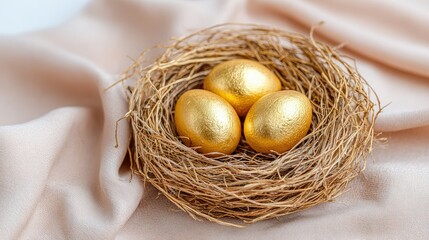 Fototapeta premium Three golden eggs in a bird nest on soft beige fabric, symbolizing wealth, savings, and financial security.