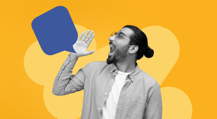 A man stands with his hand raised, speaking loudly in a playful manner. He is set against a bright yellow background with a speech bubble. This composition creates an engaging visual scene. © Prostock-studio
