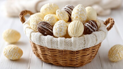 Wicker basket with assorted white and dark chocolate Easter eggs in a knitted cozy on a white wooden table.
