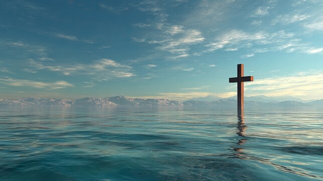 A serene ocean landscape with a wooden cross standing in the water under a blue sky with clouds
