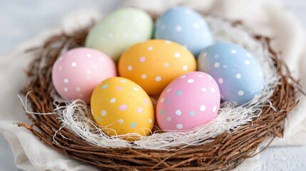 Obraz premium Colorful pastel polka dot Easter eggs arranged in a rustic bird nest on a light fabric background.