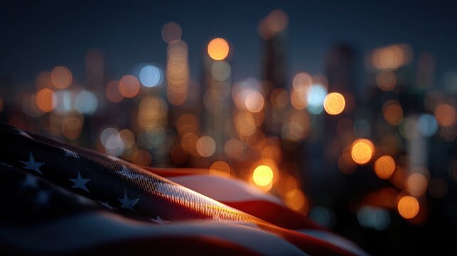 Close-up of American flag at night with blurred city lights in the background, symbolizing patriotism and urban USA.
