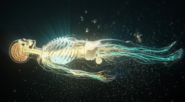 Human central nervous system and skeletal structure glowing in a dark abstract void with floating particles