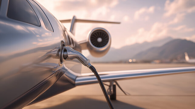 Electric private airplane being charged with energy cable at airport. Innovative electric aviation fuel technology. Sustainable air travel and future jet engine transport concept.