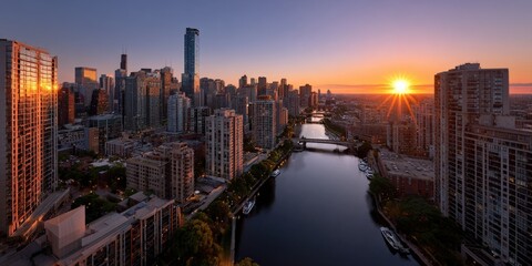 Fototapeta premium Urban skyline at sunset with river, high-rise buildings, and boats reflecting warm light in a modern cityscape.