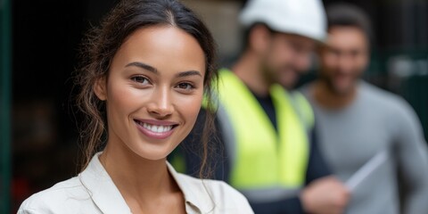 Fototapeta premium Confident young woman smiling at camera on construction site with coworkers in background