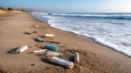 Littered Shoreline After Busy Holiday with Scattered Plastic Waste on Sand