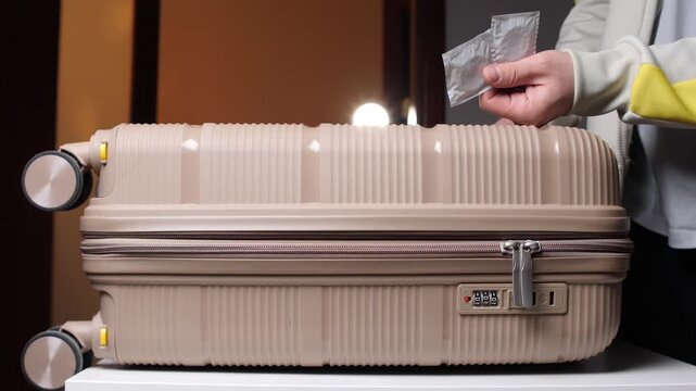 Person's hand holding two packaged condoms over a beige suitcase, emphasizing safe sex practices and responsibility while traveling on a trip or vacation