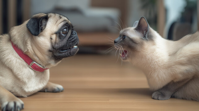Pug and Siamese cat facing each other in conflict. Aggressive pet animals fighting over territory. Domestic conflict between dog and cat in a house. Domestic lifestyle animal behavior.