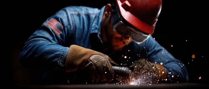 Industrial worker in protective gear grinding metal with power tool, sparks flying in dark workshop.