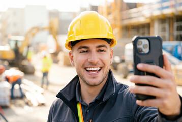 Smiling male construction worker wearing a yellow hard hat while taking a selfie on a smartphone