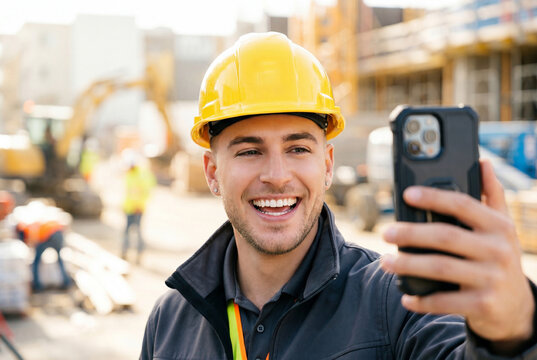 Smiling male construction worker wearing a yellow hard hat while taking a selfie on a smartphone