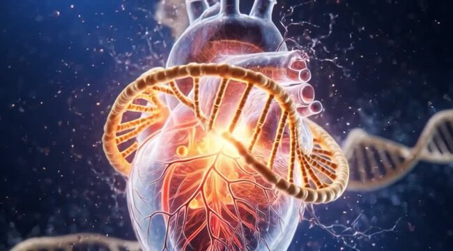 Human heart with glowing DNA double helix structure illustrating medical research and cardiology science
