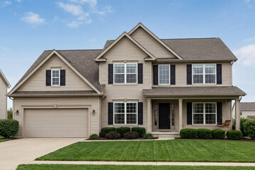 Modern two story suburban house with beige siding and well kept green lawn