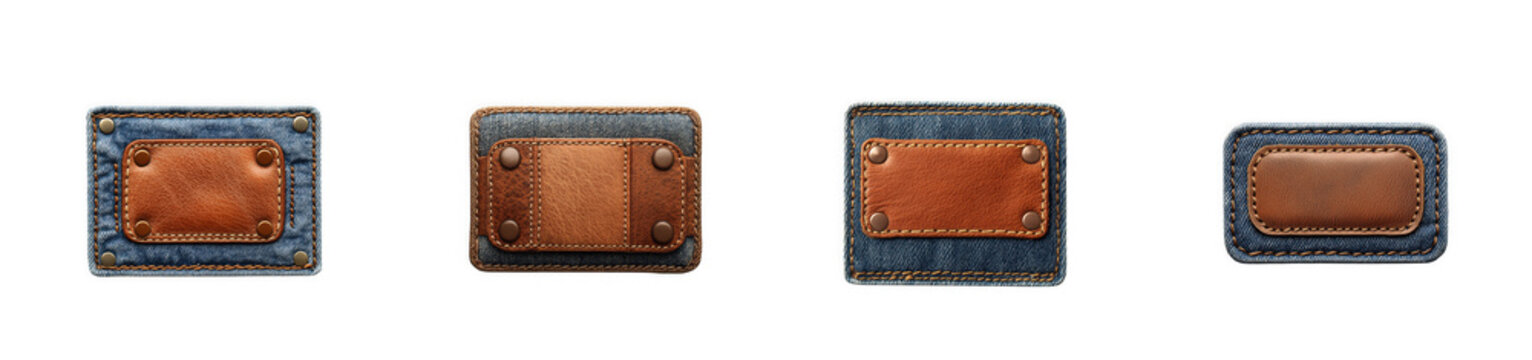Four blank blue denim jean labels with brown leather patches,isolated on transparent background