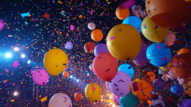 A vibrant celebration scene with colorful balloons and confetti floating in the air at night