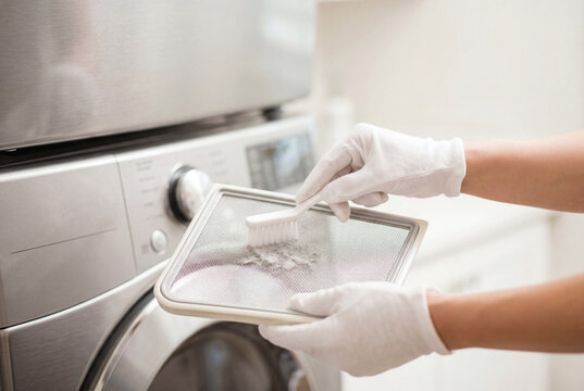 Hands in white gloves cleaning washing machine filter with brush