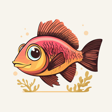 Cute cartoon red snapper fish with big eyes swimming near coral reef, colorful aquatic marine life vector illustration with playful expression