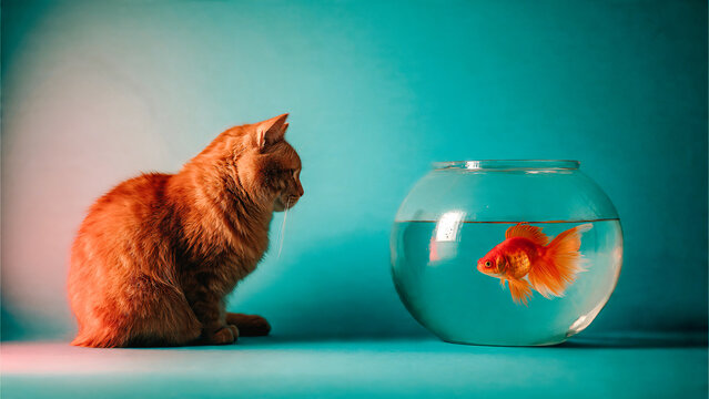 Chat roux regardant un gros poisson rouge dans un bocal