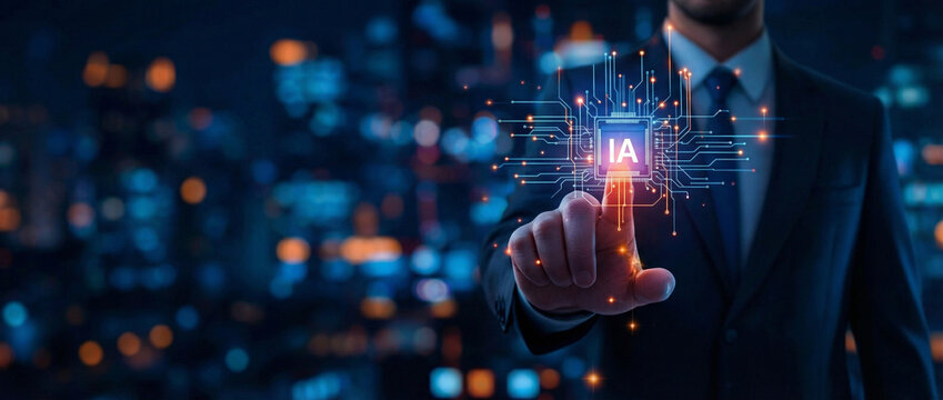 Homme d'affaires pointant vers un hologramme IA (Intelligence Artificielle). Concept de technologie futuriste, gestion d'entreprise, ressources humaines, recrutement et assistant virtuel