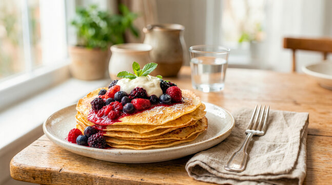 Stack of homemade blini pancakes topped with mixed berry compote and cream. Sweet breakfast crepes with fresh fruit on a rustic wooden table