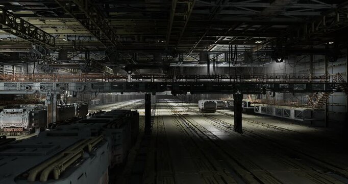 floodlit recovery bay in transit depot with emergency lighting, staged carriages, power cables and recovery equipment tense utilitarian scene with wet