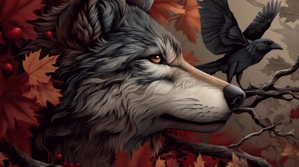 Fototapeta premium Detailed Illustration of a Wolf in an Autumn Forest Setting
