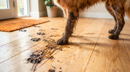 Plakat Dog leaving muddy paw prints on a wooden floor indoors. Close up of dirty pet legs and mud stains inside a home