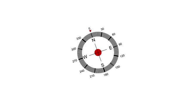 Animation of black flat design compass icon animation for direction and navigation. Compass icon with cardinal directions animation. World GPS round travel compass.