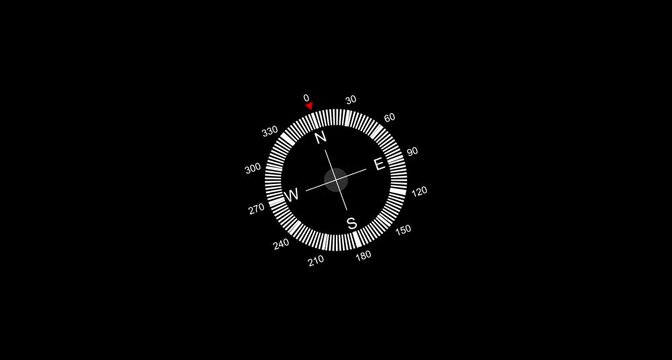 Animation of white flat design compass icon animation for direction and navigation. Compass icon with cardinal directions animation. World GPS round travel compass.