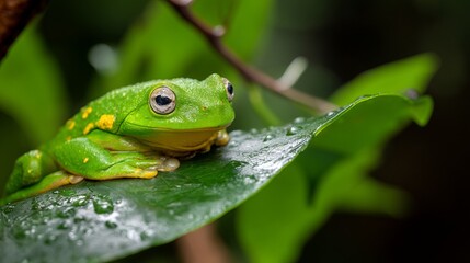 Obraz premium Realistic Tree Frog Resting on Wet Leaf in Rainforest Environment