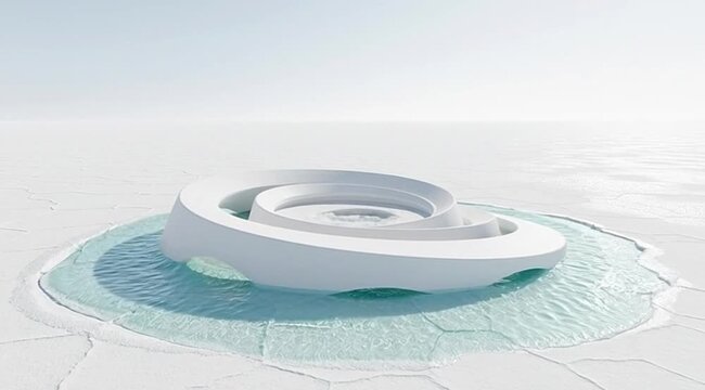 Futuristic white spiral building standing in a vast white salt flat desert under a bright clear sky