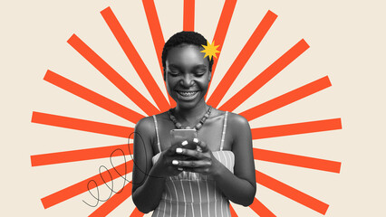 A woman smiles while looking at her smartphone. The background features bright lines radiating...