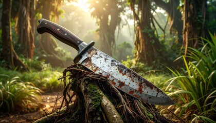 Rusted machete blade deeply embedded in a thick gnarled tree root, bathed in dappled forest sunlight