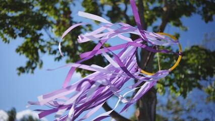 Purple ribbons blowing from a decorative hoop in the wind at India Day in Moscow festival © Довидович Михаил