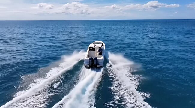 A speedboat swiftly cuts through the tranquil waters of the open ocean