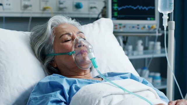 An elderly woman lies in a hospital bed with an oxygen mask on her face in a video about healthcare