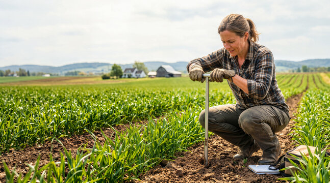 Female agronomist using a metal probe to take soil samples in a green field. Woman farmer kneeling and testing dirt for agricultural analysis