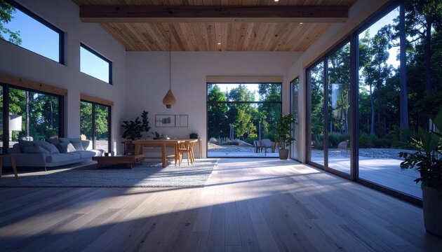 Modern interior design with expansive glass walls showcasing a lush natural landscape and warm wooden finishes