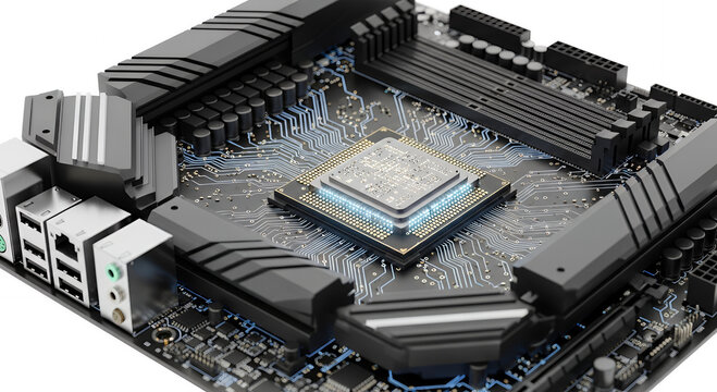 A macro shot of a digital CPU processor and electronic components integrated onto a computer motherboard circuit board hardware isolated on a white background