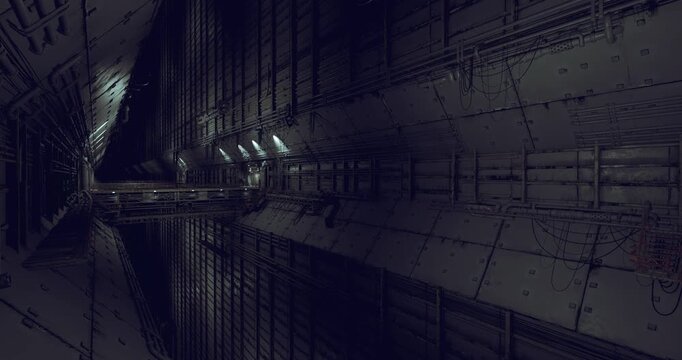 flooded industrial shaft with reflective water and overhead lights, wet metallic walls, deep shadows, distant exit glimmer, eerie submerged maintenance vibe,