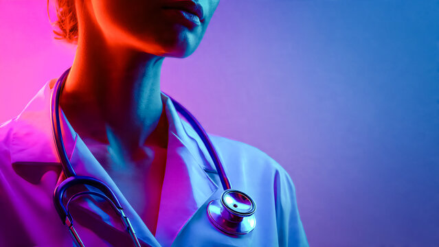 Infirmi&egrave;re, m&eacute;decin avec blouse et st&eacute;thoscope, bros plan sur le buste