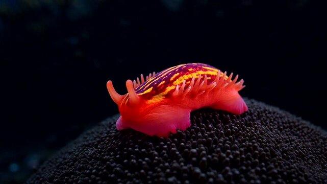 Vibrant nudibranch crawling on coral in a dark underwater marine environment.